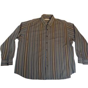Tommy Bahama 100% Silk Resort Wear ButtonUp Shirt Men XXL Brown Blue Gold Stripe